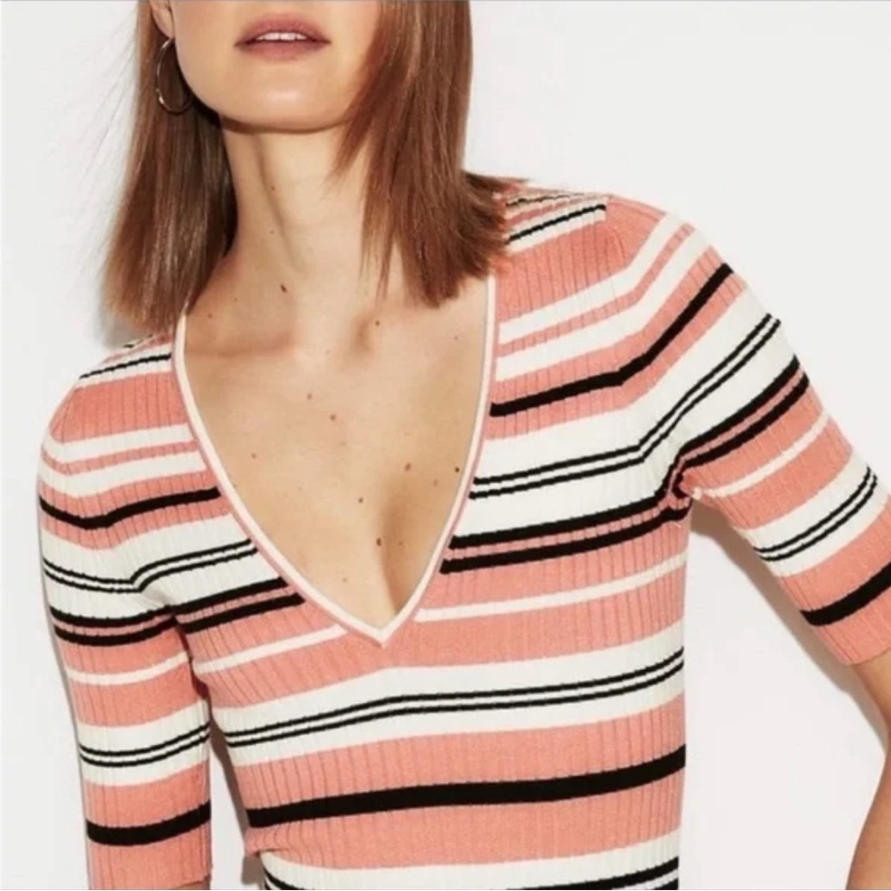 Express pink and white Striped V-Neck sweater top half sleeve